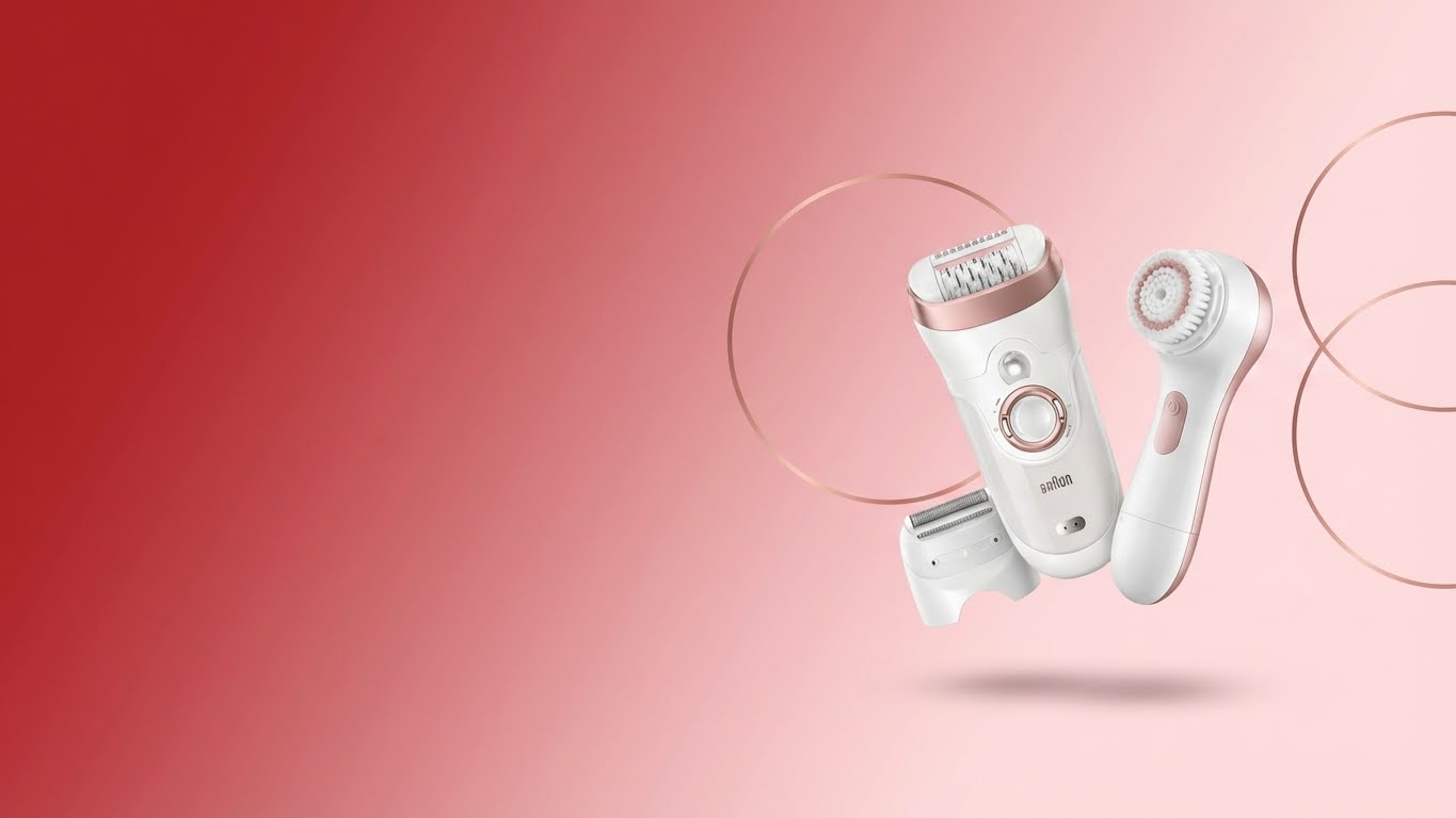 Appareil de soin et épilateur blanc et rose, image lumineuse sur fond rose clair avec des cercles décoratifs. Idéal pour une promo beauté/soin personnel.