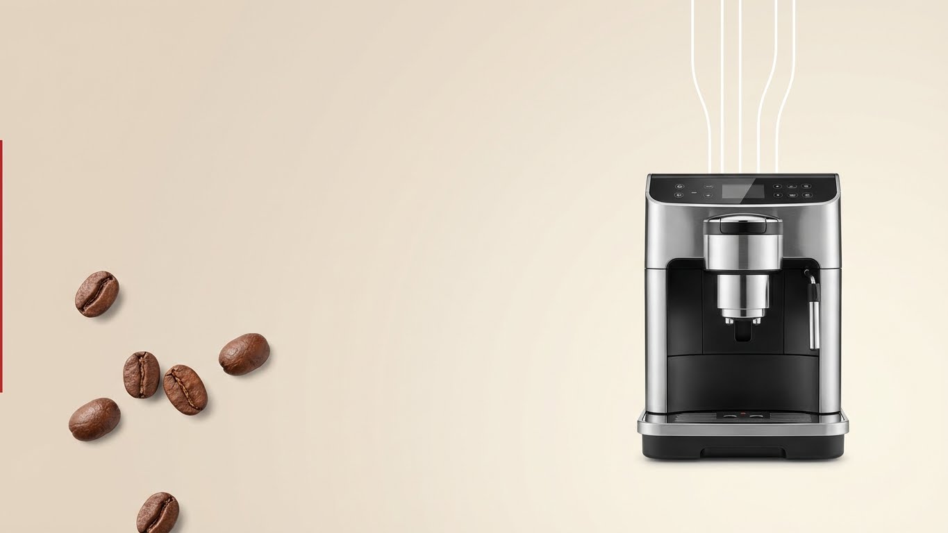 Machine à café espresso en acier inoxydable sur fond clair avec quelques grains de café à gauche, image promotionnelle pour les électroménagers.